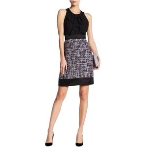 NWT ANNE KLEIN BLACK AND PLUM RUFFLE NECK TWEED SHEATH DRESS SIZE 10